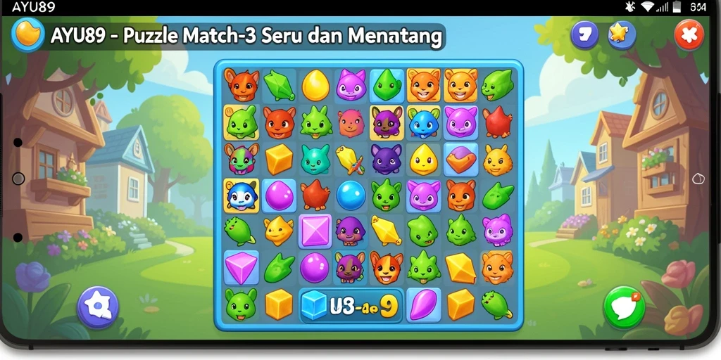 Antarmuka AYU89 yang cerah dan interaktif dalam game Puzzle Match-3.