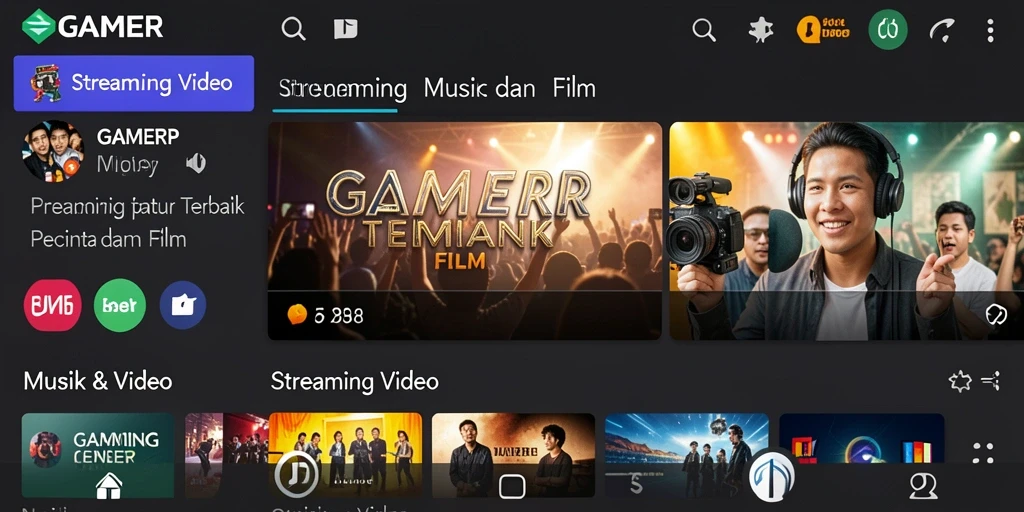 Antarmuka GAMERP menampilkan koleksi video musik dan film yang menarik.