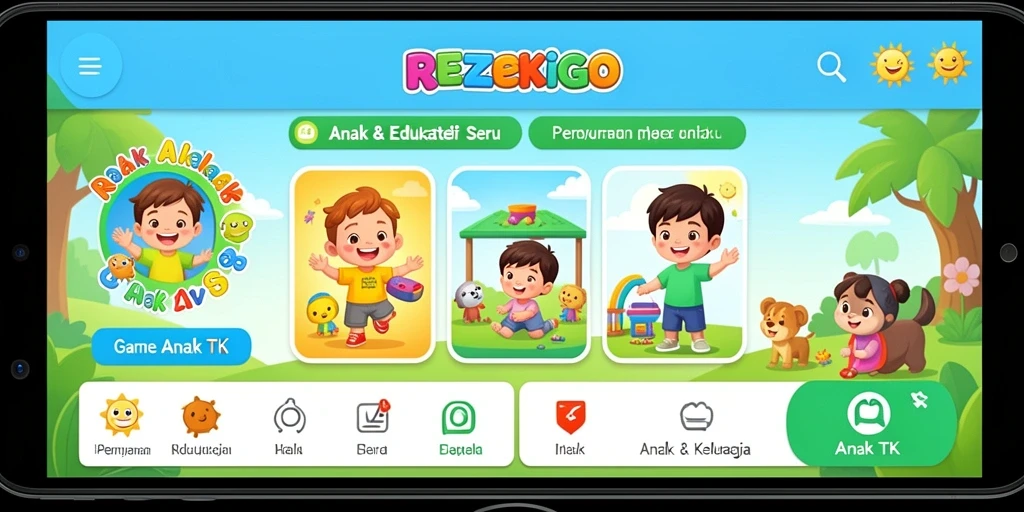 Tampilan antarmuka REZEKIGO yang ceria dan ramah anak.